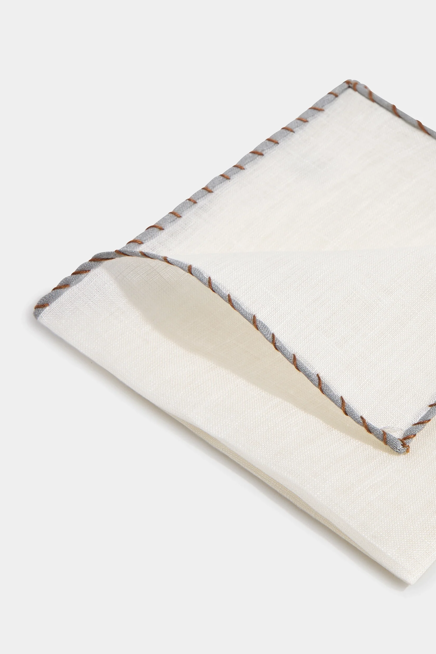 White linen pocket square with grey and cognac edges - Made in Italy - Image 3